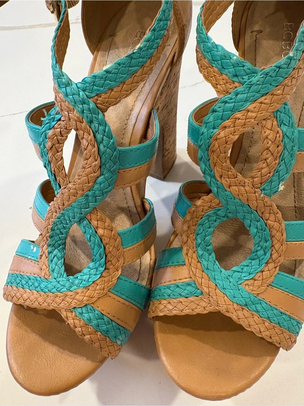 Y2K BCBGeneration Cork Chunky Strappy Platform Heels Turquoise Blue Tan Sandals
